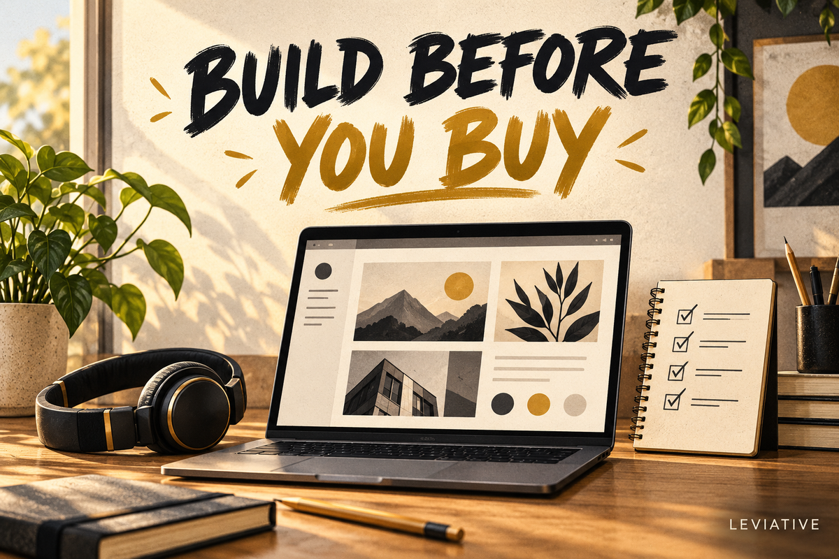 Laptop portfolio, headphones and a project checklist illustrating skill-building without buying expensive equipment.
