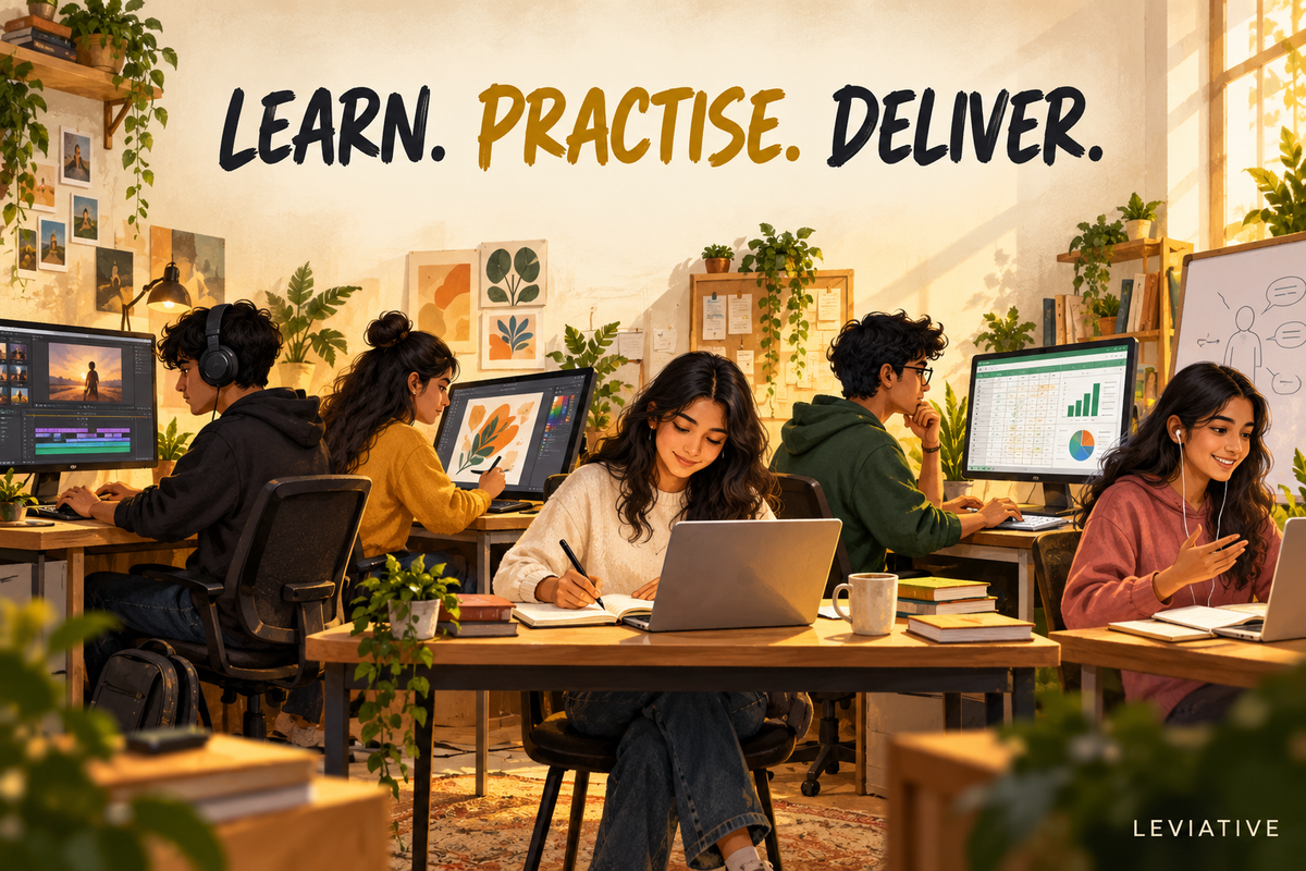Five illustrated creative workstations representing editing, design, writing, spreadsheets and teaching.