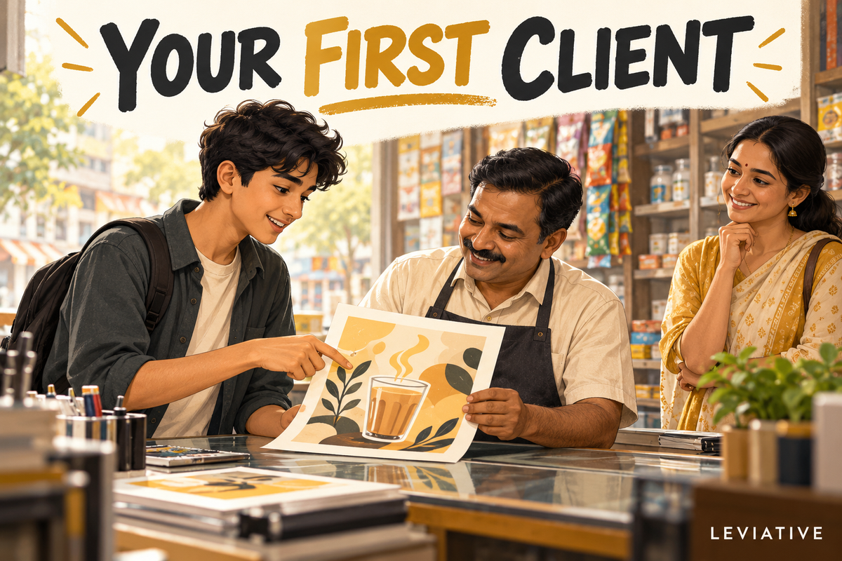 An older student and a local shop owner reviewing a sample poster with a guardian nearby.