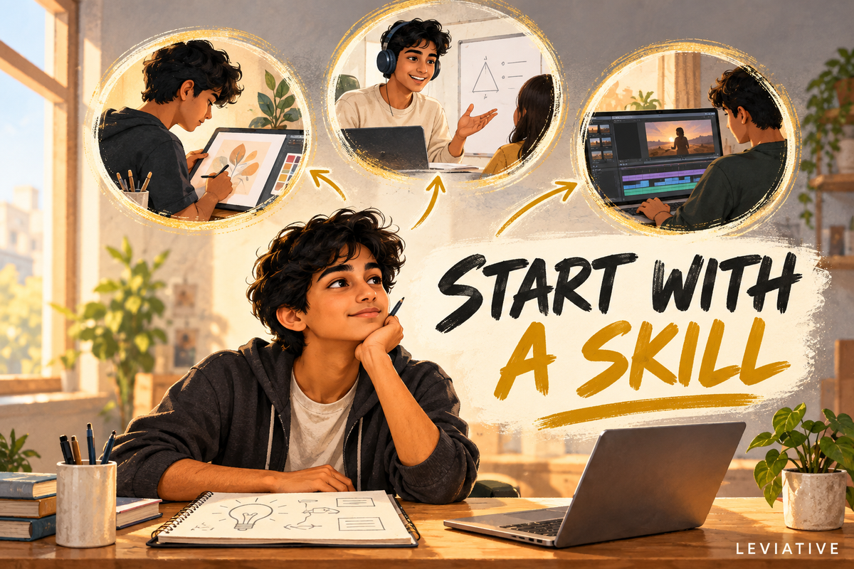 Indian student learning creative skills at a desk, with pathways to design, tutoring and video editing.